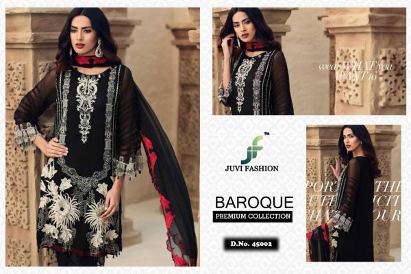 BAROQUE ￼ Premium Collection Super Hit Designs ￼Fabric details ￼ ￼ Top : GEORGETTE WITH HEAVY EMBROIDERY ￼Bottom : HEAVY SANTOON ￼INNER- HEAVY SANTOON ￼Dupatta : NAZNEEN CHIFFON WITH HEAVY EMBROIDERY NOTE : HEAVY ADDITIONAL WORK IN ALL PCS Rate : 3050/-